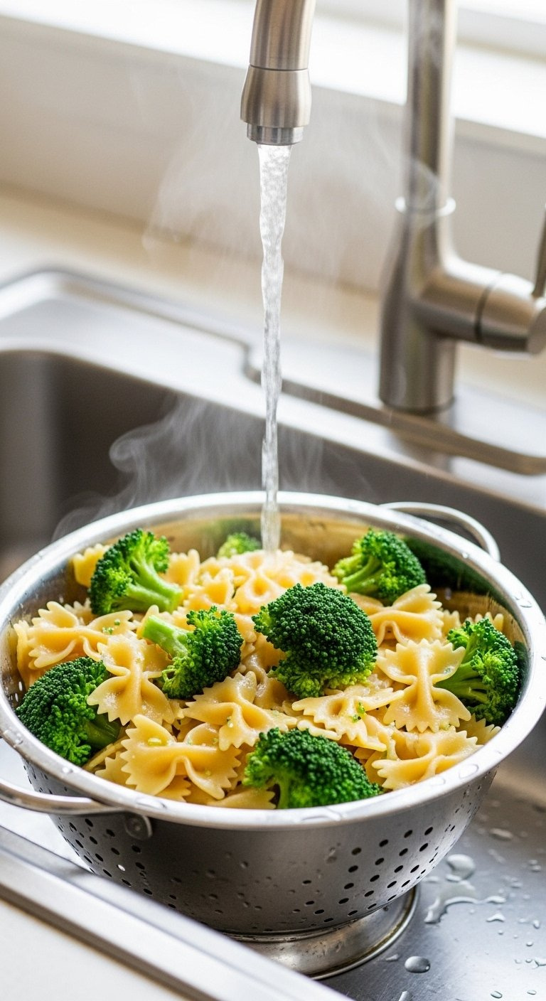 Steaming Bowtie Pasta And Bright Green Broccoli Draining In A Stainless Steel Colander Under A Modern Faucet.