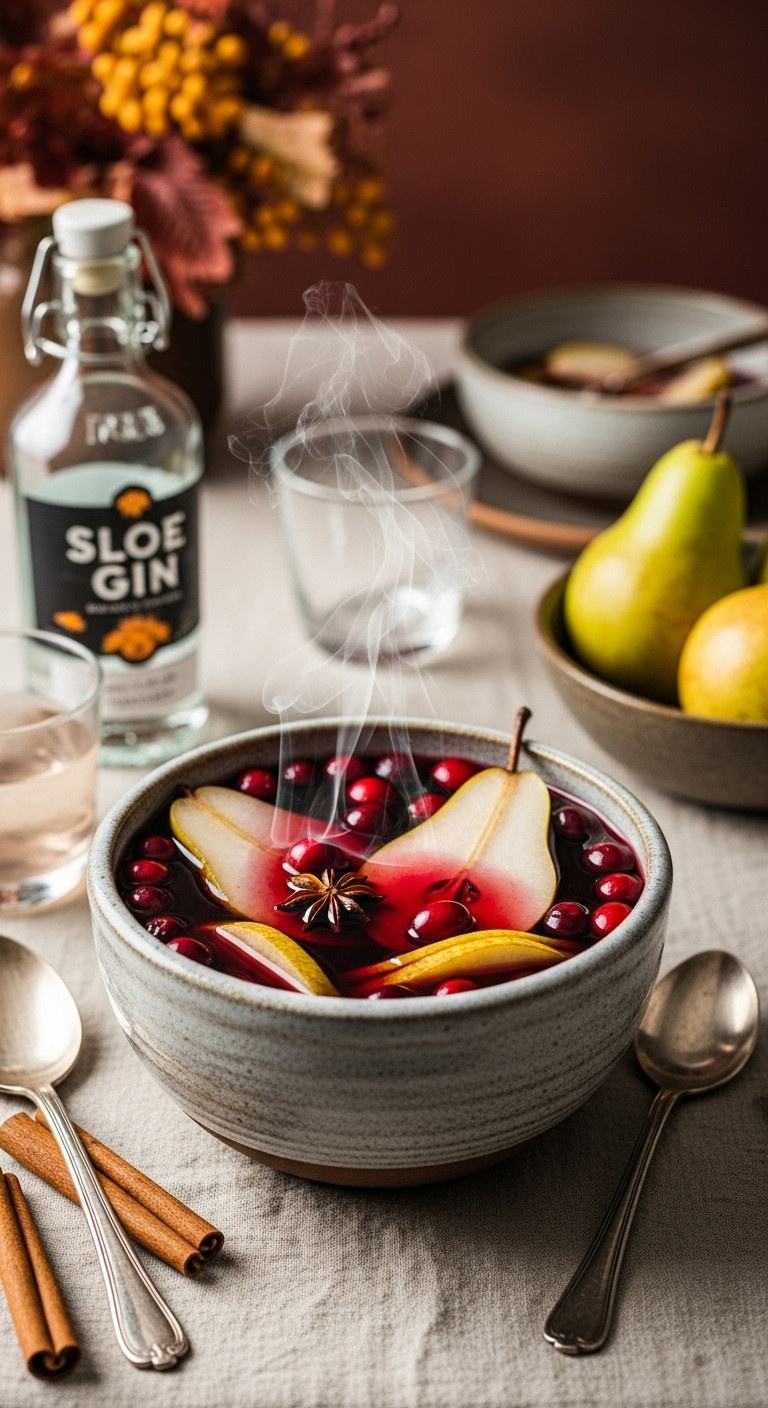 Steaming Burgundy Mulled Pear And Cranberry Punch With Pear Slices, Cranberries, And Star Anise In A Rustic Ceramic Bowl.