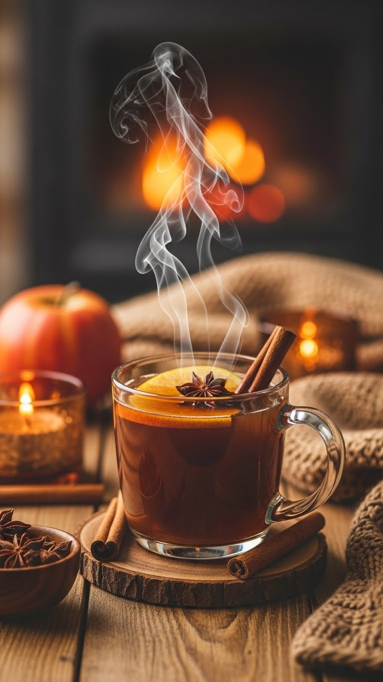 Steaming Ceramic Mug Of Sugar-Free Spiced Apple Cider With Cinnamon Stick On Rustic Wooden Coaster
