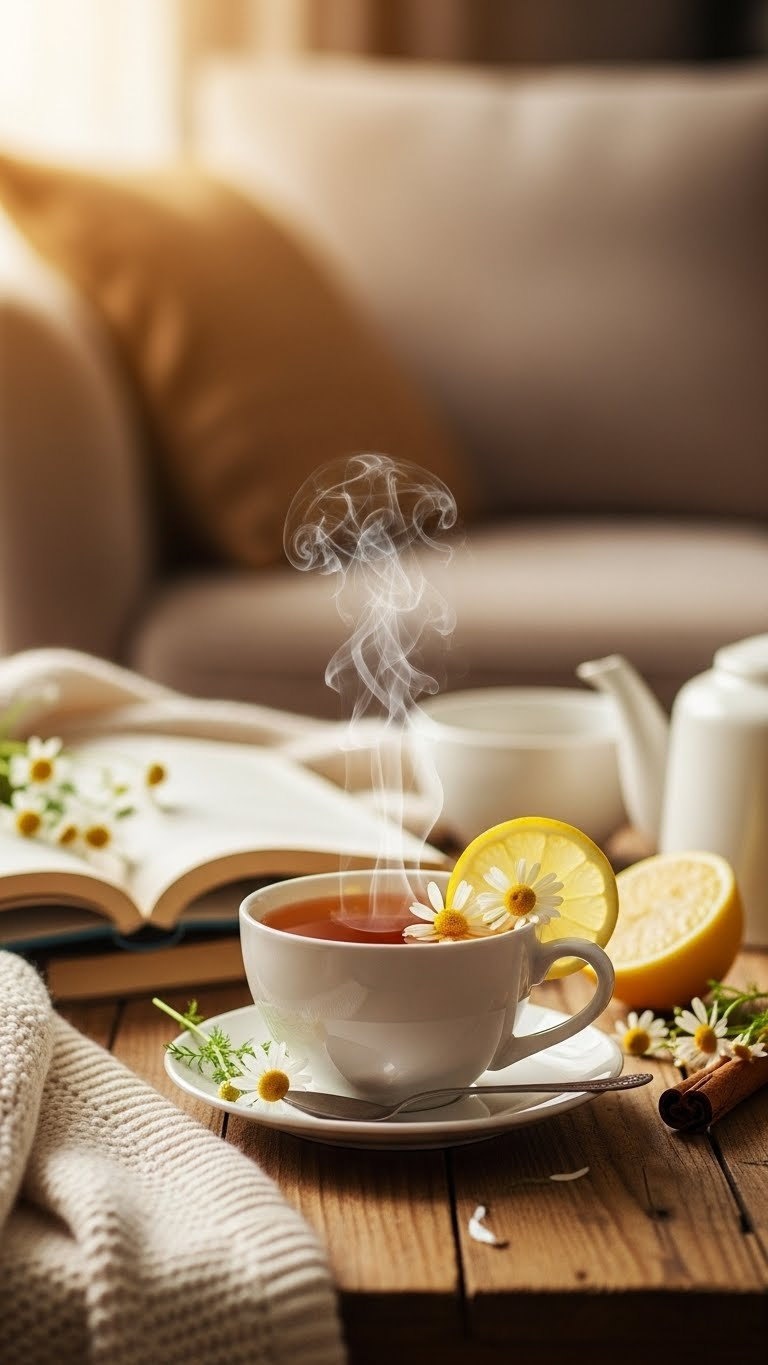Steaming Ceramic Teacup Filled With Amber Herbal Tea Garnished With Chamomile Flowers And Lemon Slice