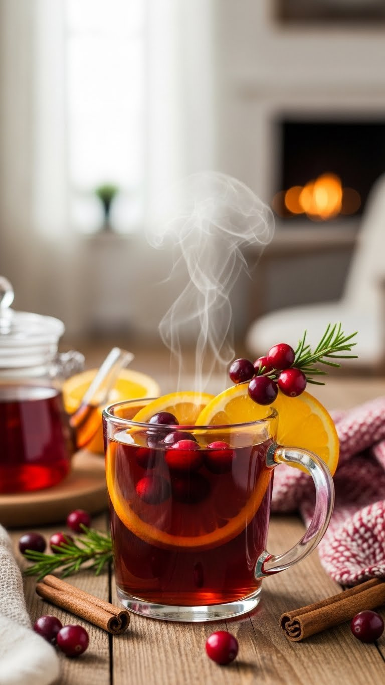 Steaming Cranberry Orange Hot Toddy In Clear Glass Mug With Orange Slice Garnish