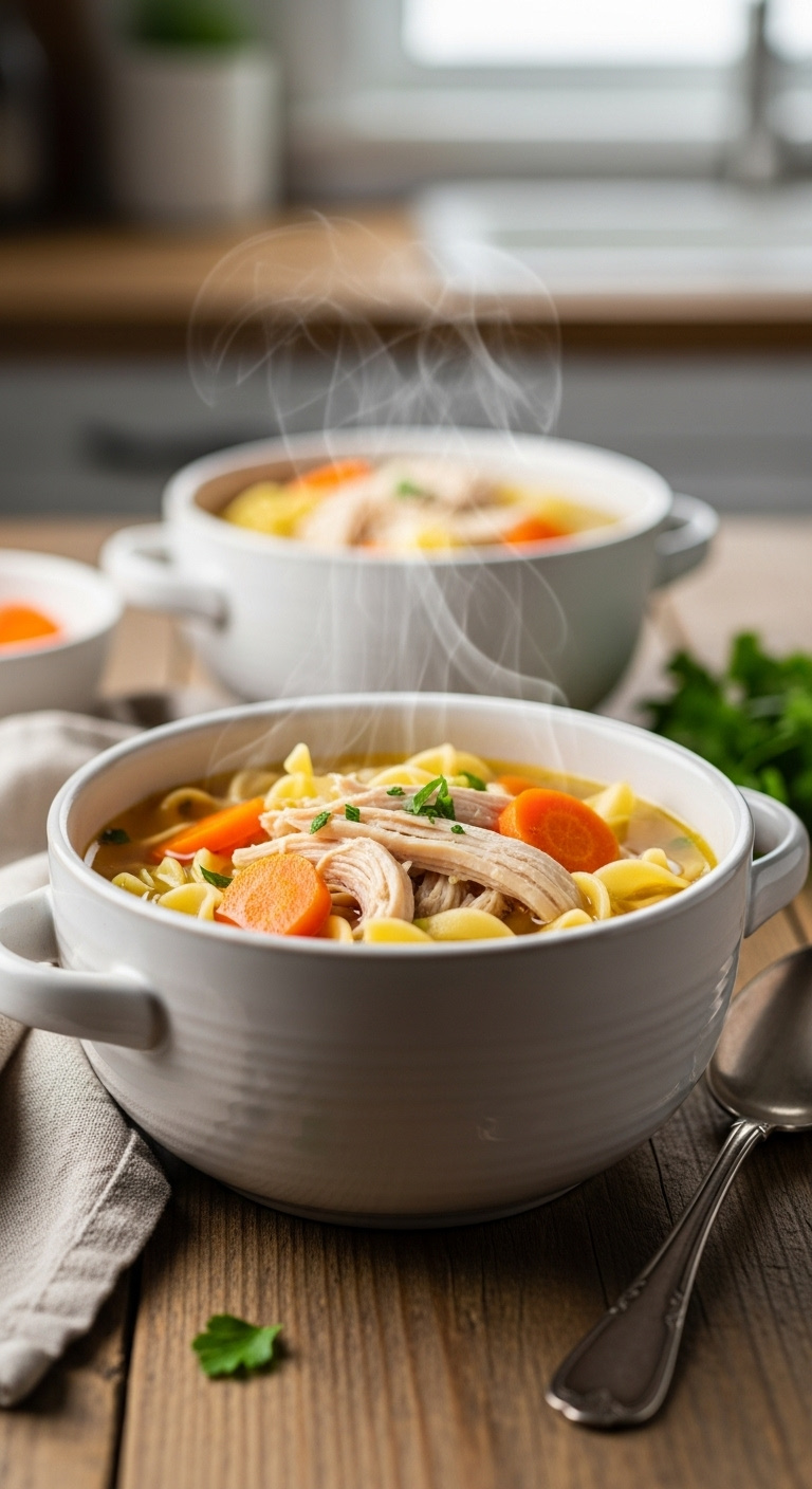 Steaming Crockpot Chicken Noodle Soup With Shredded Chicken Carrots And Egg Noodles In A Rustic White Bowl On A Wooden Table
