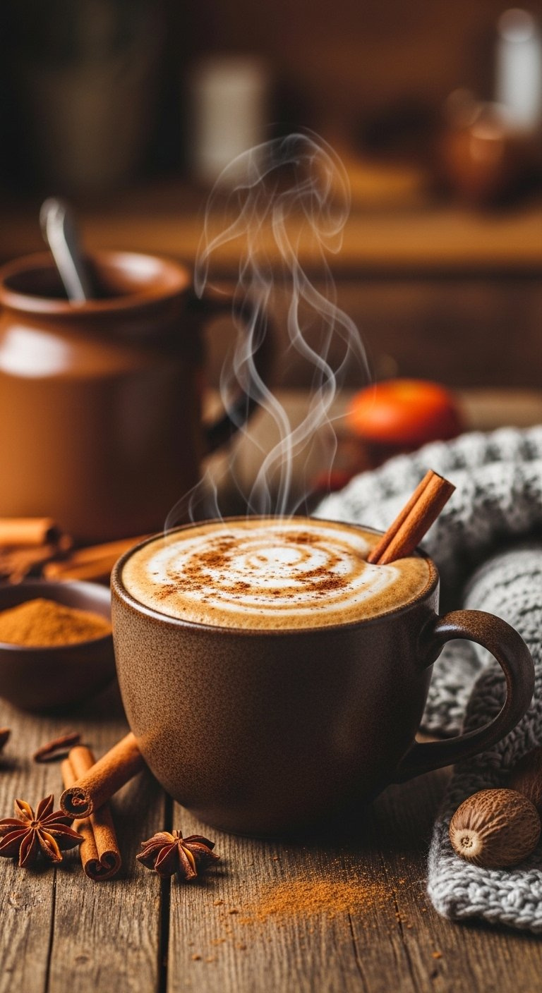 Steaming Cup Of Spiced Hot Coffee With Frothed Milk Cinnamon Stick And Warm Spice Dusting.