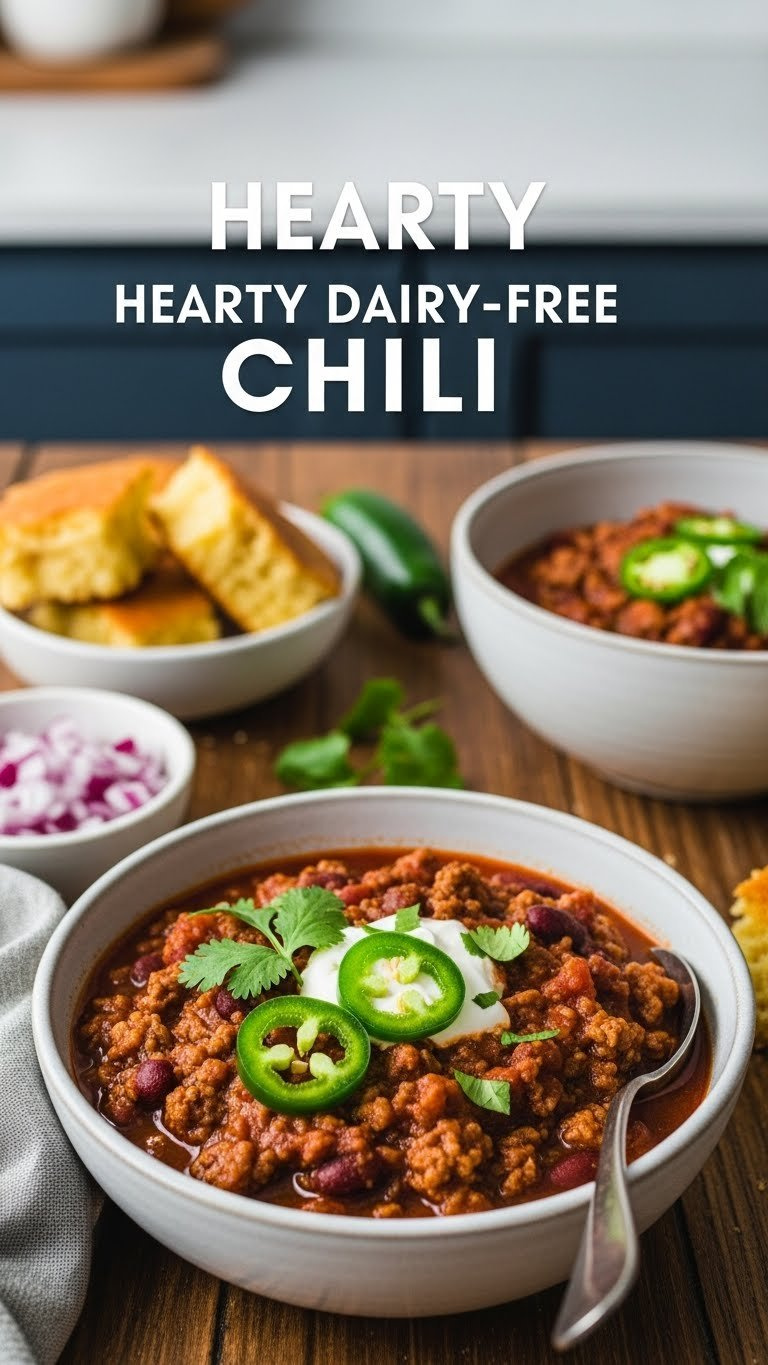 Steaming Dairy-Free Instant Pot Chili With Cilantro, Jalapeños, Sour Cream, And Cornbread On A Rustic Table.