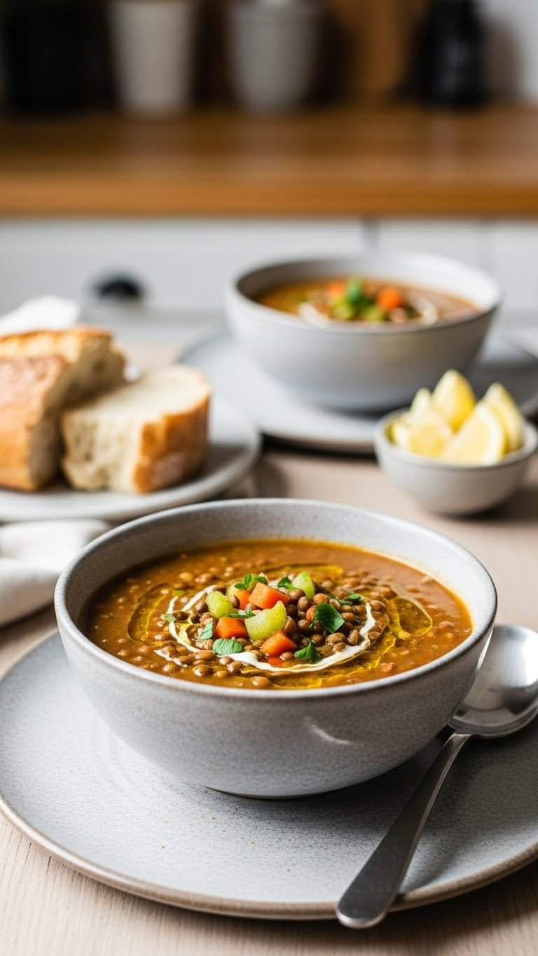 Steaming Dairy-Free Instant Pot Lentil Soup With Vegetables, Herbs, Olive Oil, Bread, And Lemon On A Wooden Table.