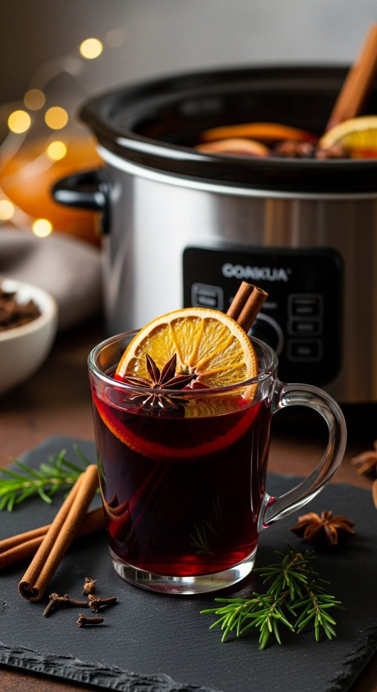 Steaming Deep Red Mulled Wine In A Rustic Mug With Star Anise And Orange, On A Dark Slate Surface, With Scattered Cinnamon.