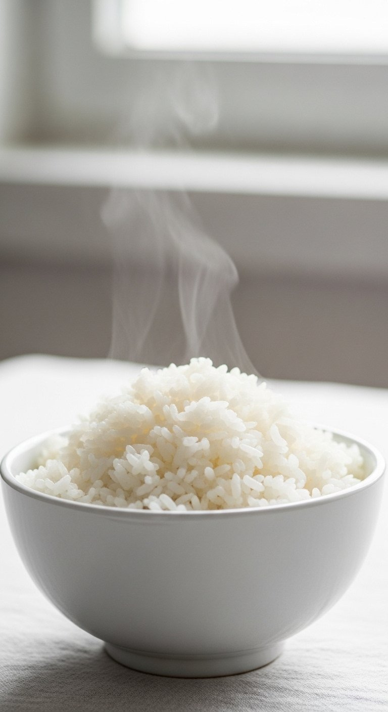 Steaming Fluffy Jasmine Rice Served In A Minimalist White Ceramic Bowl On A Light Linen Tablecloth.