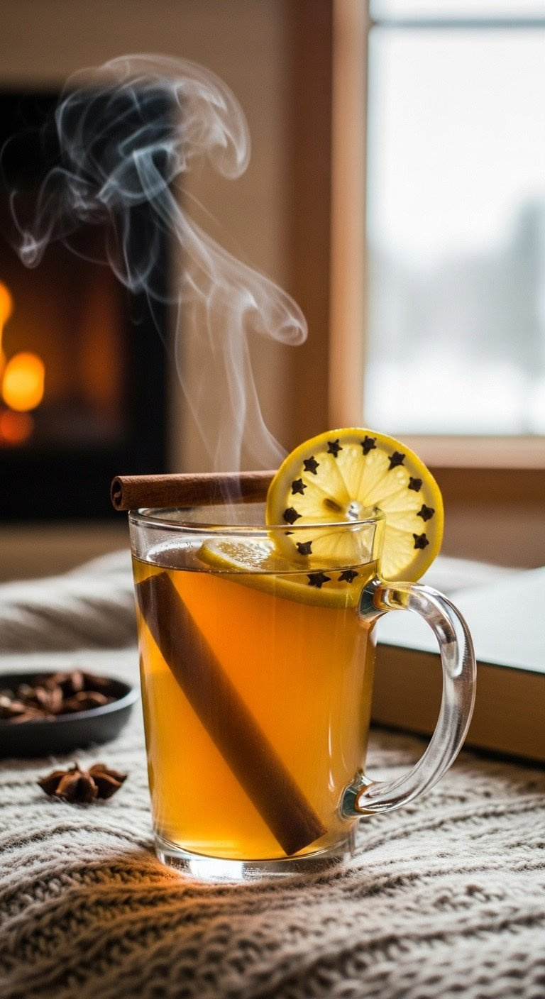 Steaming Golden Hot Toddy In A Glass Mug, Garnished With Lemon And Cinnamon, On A Cozy Blanket By A Snowy Window.