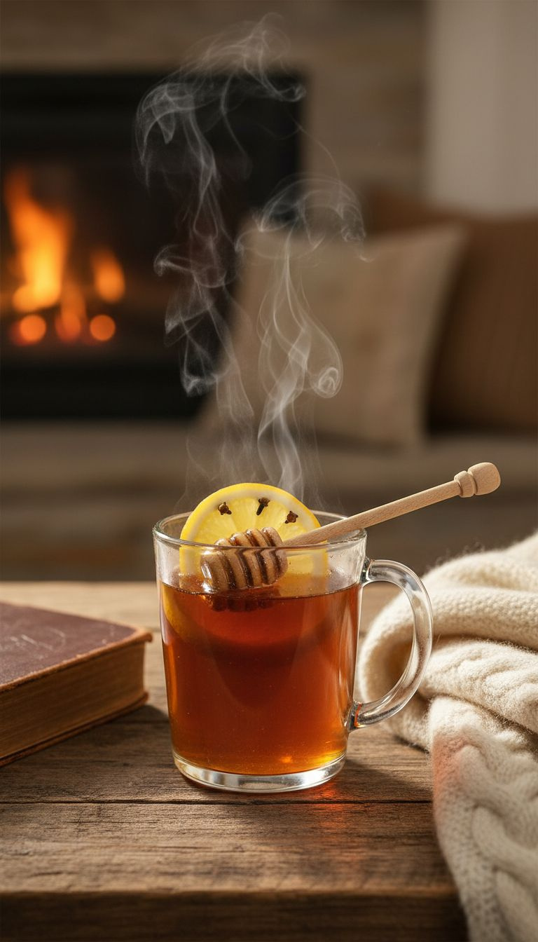 Steaming Golden Hot Toddy In A Glass Mug With Lemon, Cloves, Honey Stirrer, On A Rustic Wood Table With A Blurred Fireplace.
