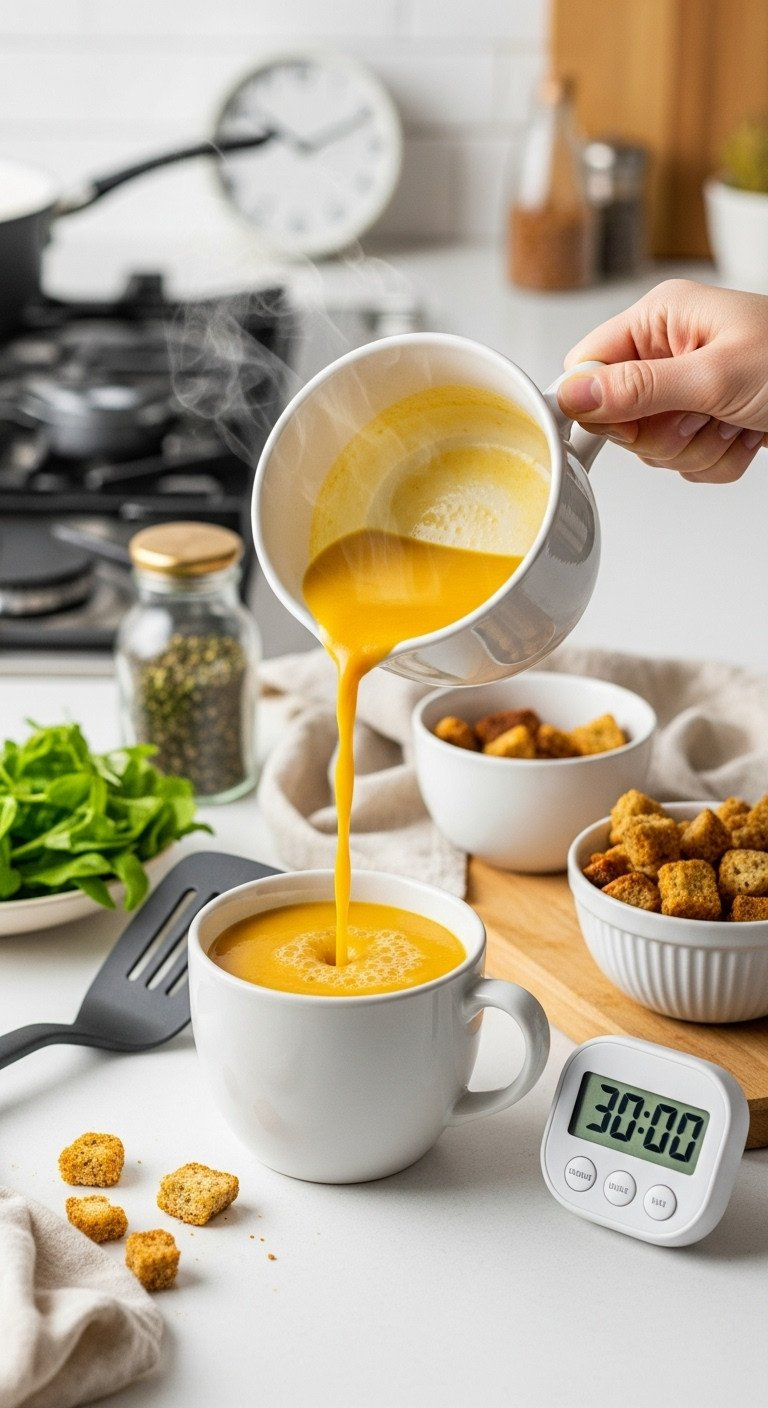Steaming Golden Butternut Squash Soup Pouring Into A Mug. Digital Timer, 30-Minute Prep. Quick, Easy Weeknight Comfort Food Recipe.