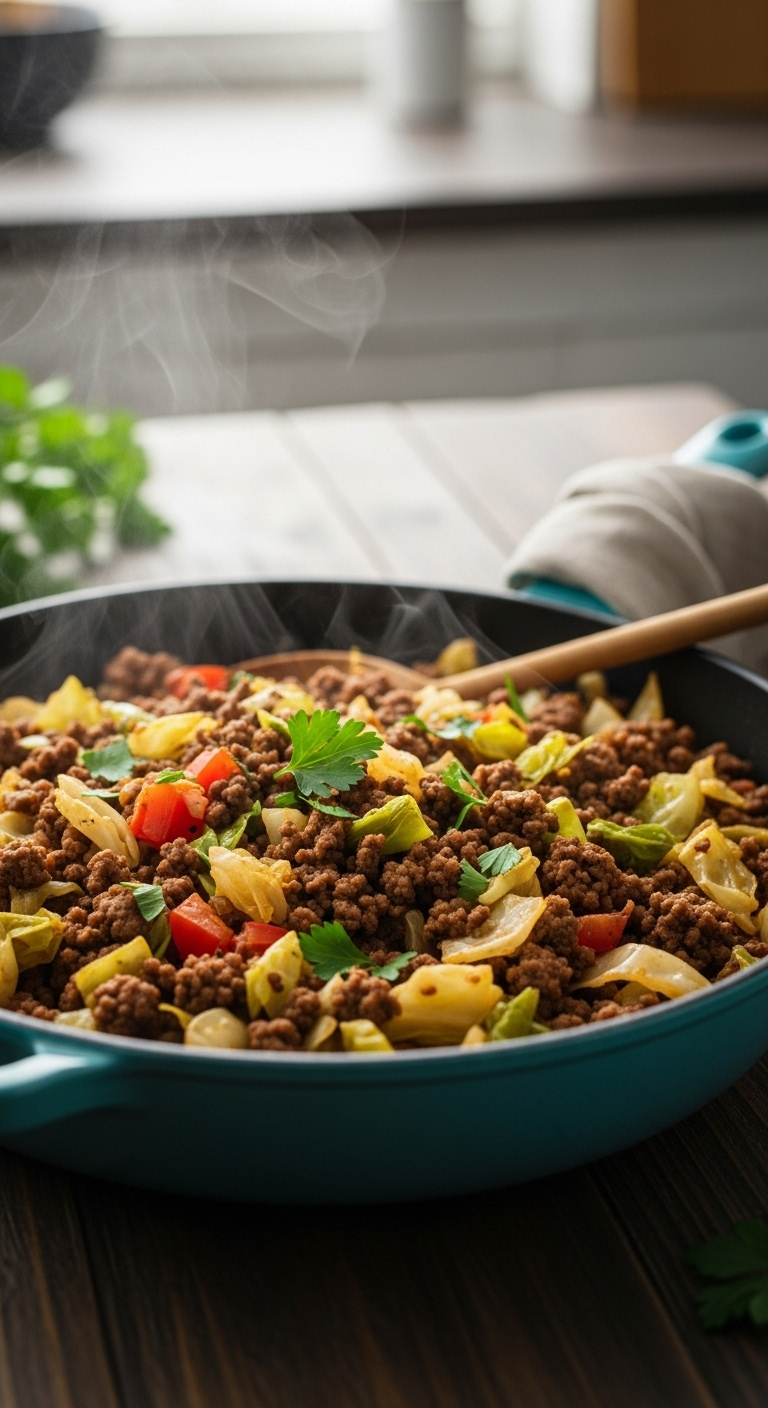 Steaming Ground Beef And Cabbage Skillet With Tomatoes Onions And Parsley On Rustic Wood Table With Wooden Spoon And Linen Napkin