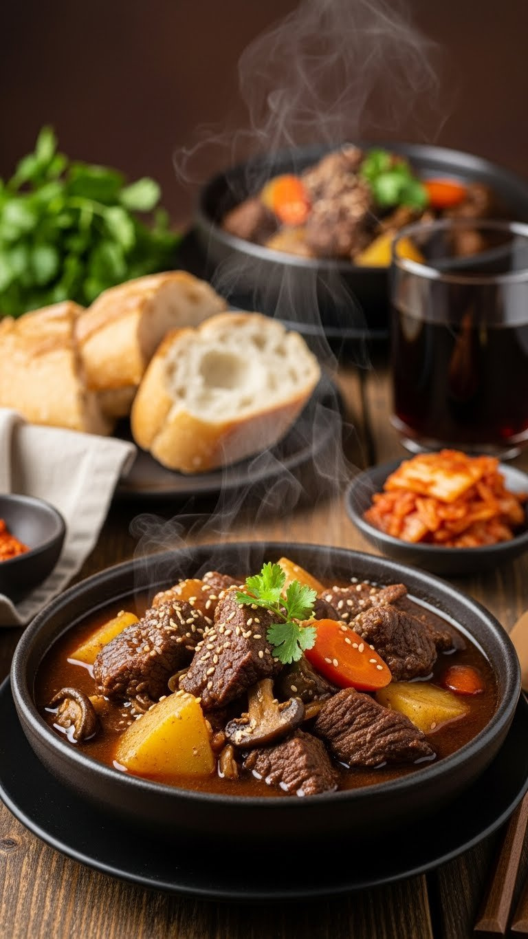 Steaming Hearty Instant Pot Korean Beef Stew With Tender Beef, Potatoes, Carrots, And Mushrooms, Served In A Rustic Bowl.