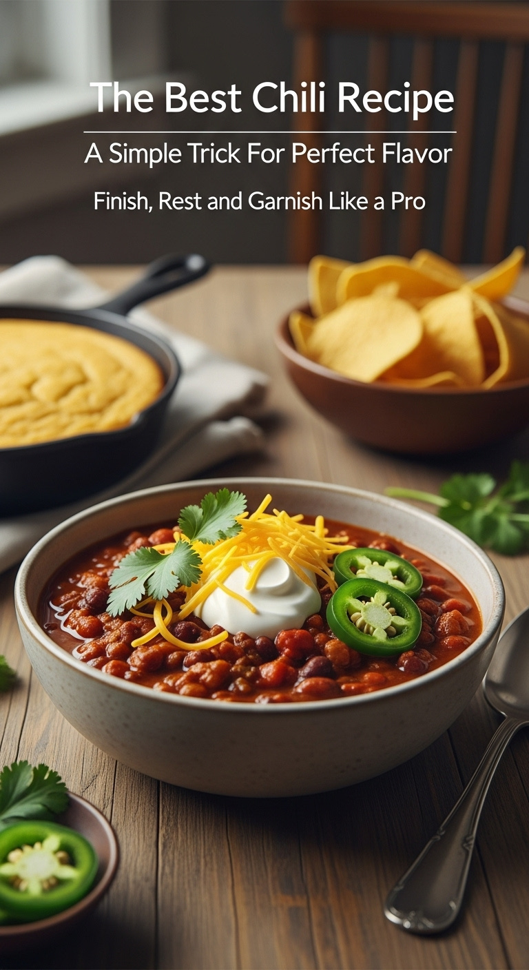Steaming Hearty Bowl Of Classic Beef Chili Garnished With Sour Cream Melted Cheddar And Fresh Cilantro On A Dark Wooden Table