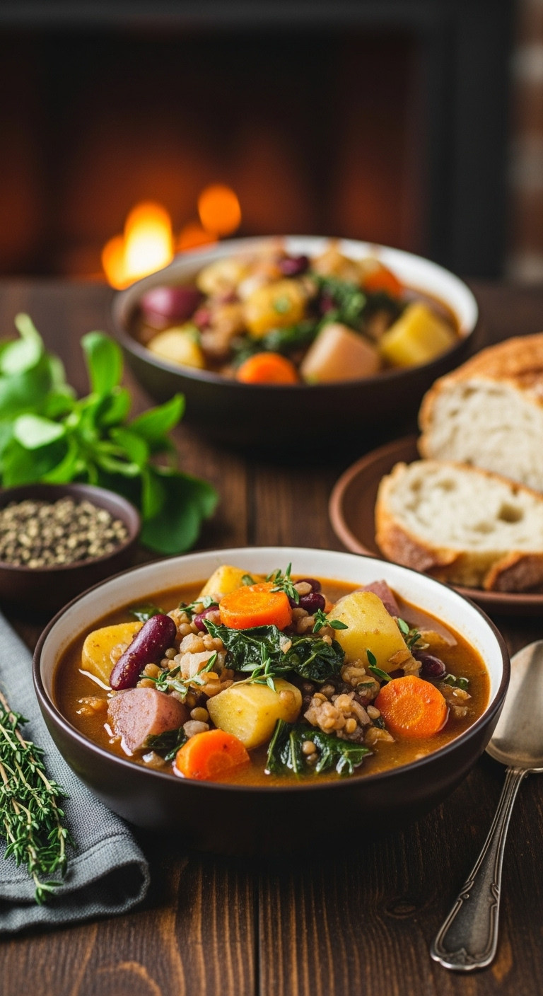 Steaming Hearty Root Vegetable Stew With Chunky Vegetables And Greens, In A Rustic Bowl On A Dark Wooden Table.