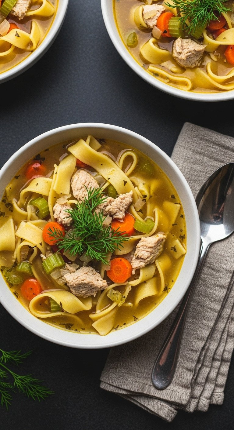 Steaming Hearty Turkey Noodle Soup With Golden Broth, Turkey, Vegetables, Egg Noodles, Fresh Dill. Cozy Comfort Food.