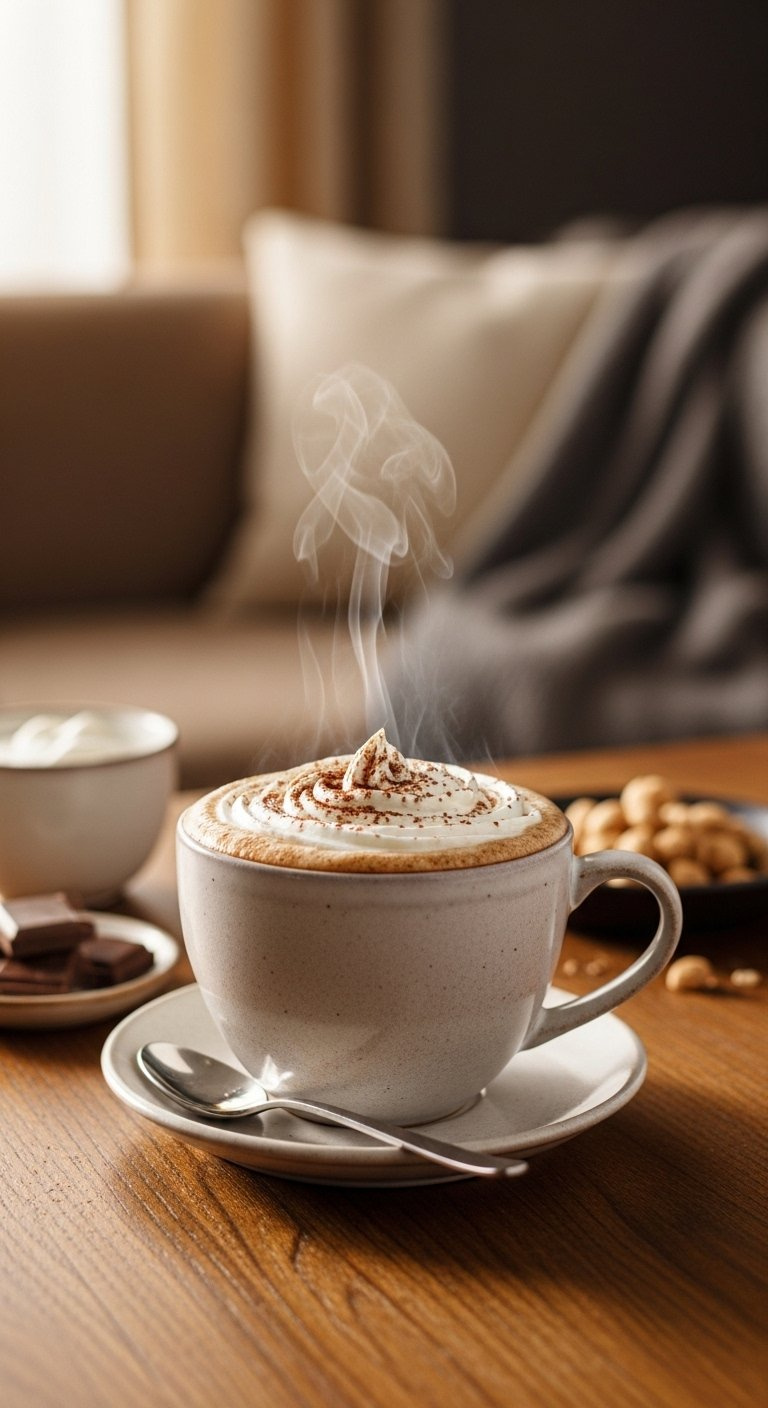 Steaming Homemade Mocha In Ceramic Mug Topped With Whipped Cream And Cocoa Dusting On Polished Wooden Table.