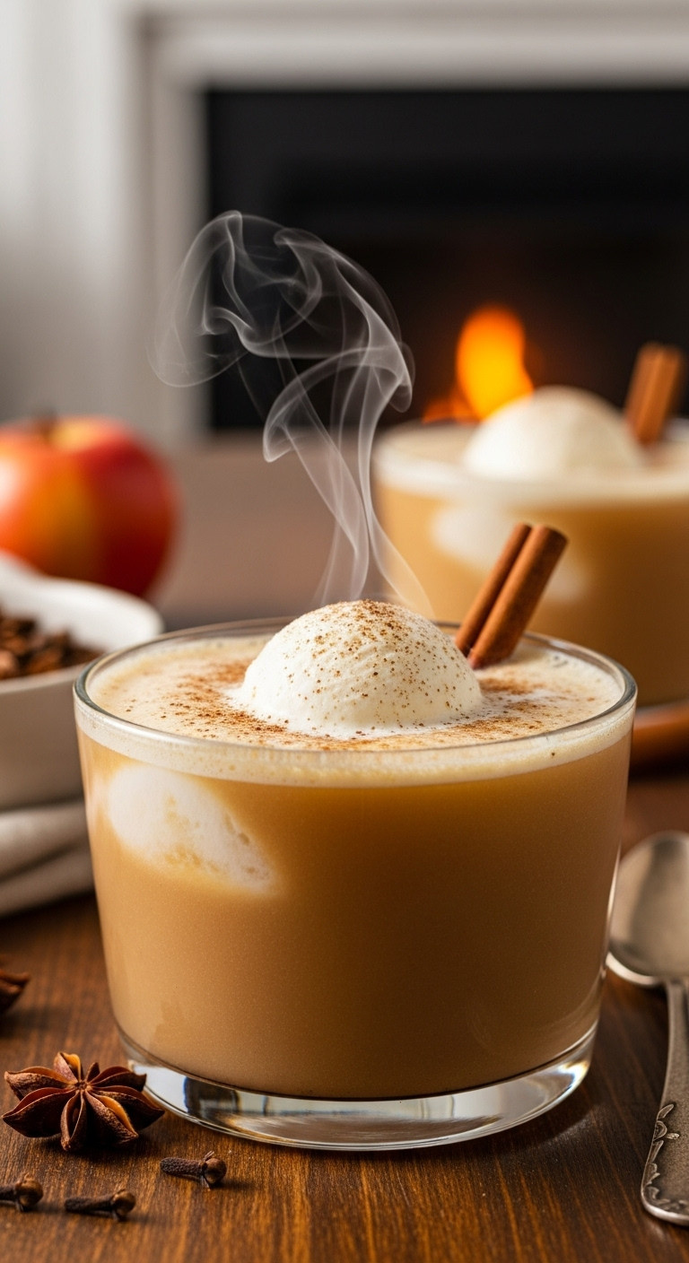Steaming Hot Apple Pie Punch With Melting Vanilla Ice Cream, Nutmeg, And A Cinnamon Stick In A Glass Punch Bowl.