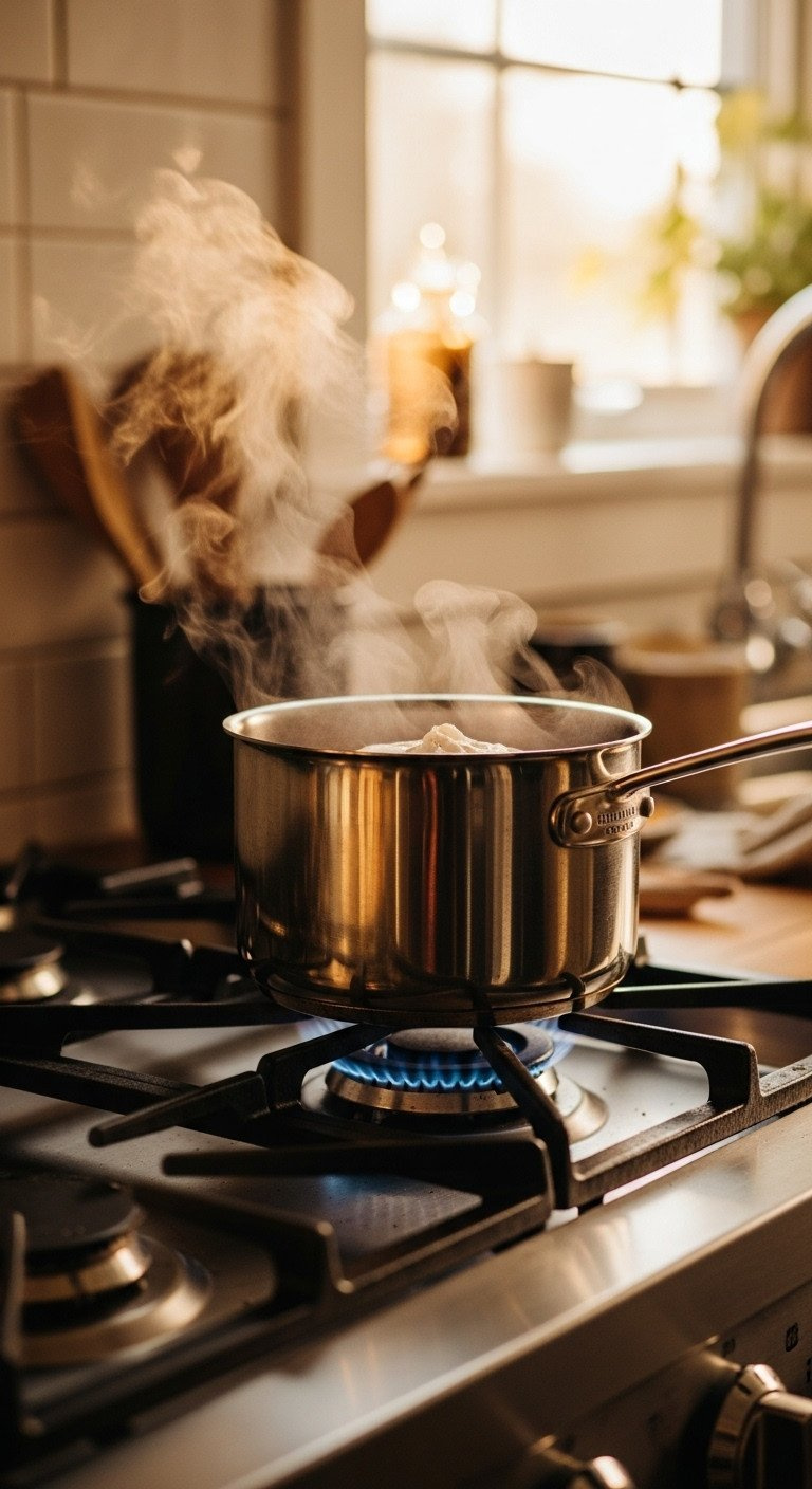 Steaming Hot Chocolate In A Stainless Steel Saucepan On A Gas Stovetop. Cozy Kitchen Scene With Warm Golden Light.