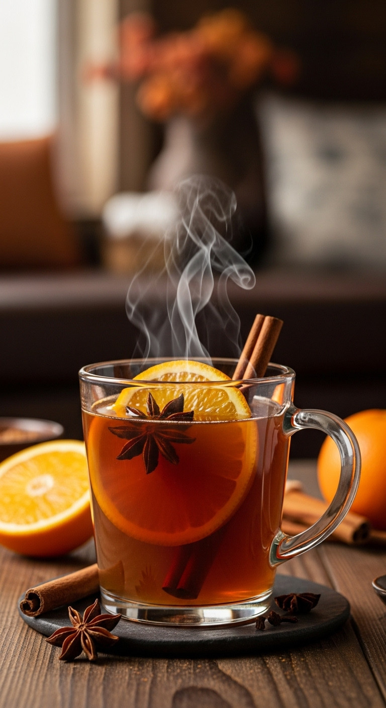 Steaming Hot Spiced Apple Cider In A Glass Mug With Cinnamon Stick And Orange Slice. Cozy Fall Beverage Recipe.