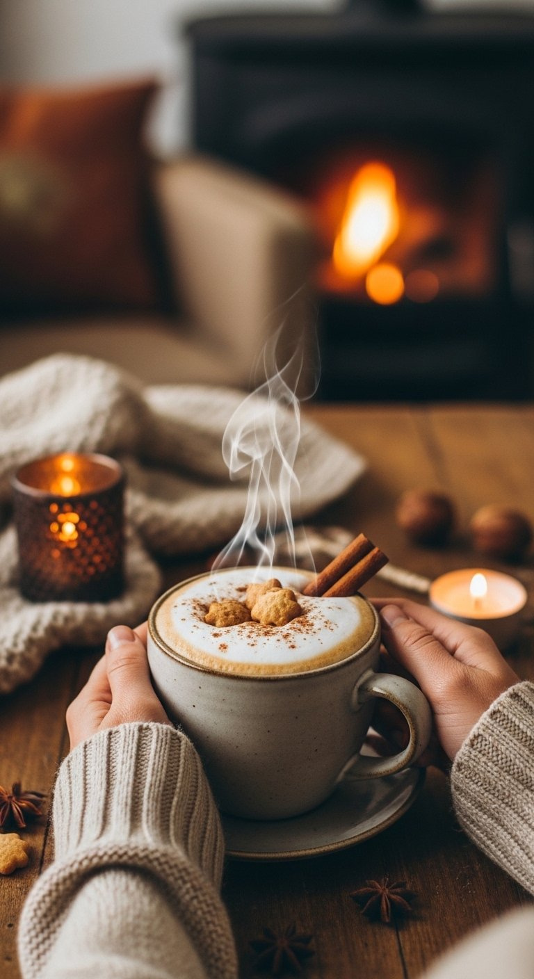 Steaming Hot Sugar Cookie Latte With Cinnamon Dusting Served In A Cozy Ceramic Mug On A Rustic Wooden Table.