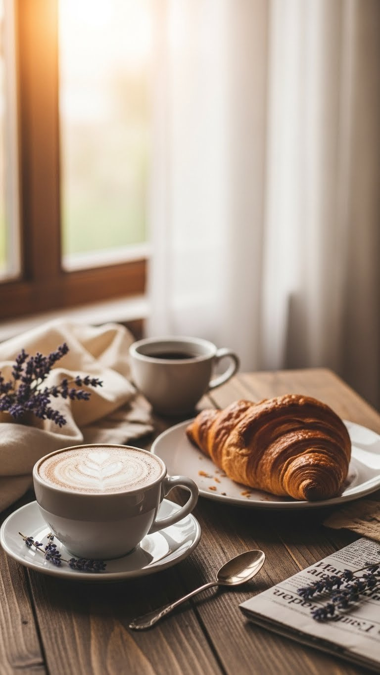 Steaming Latte Art Coffee Next To Flaky Golden Croissant On Rustic Wooden Table With Warm Lighting