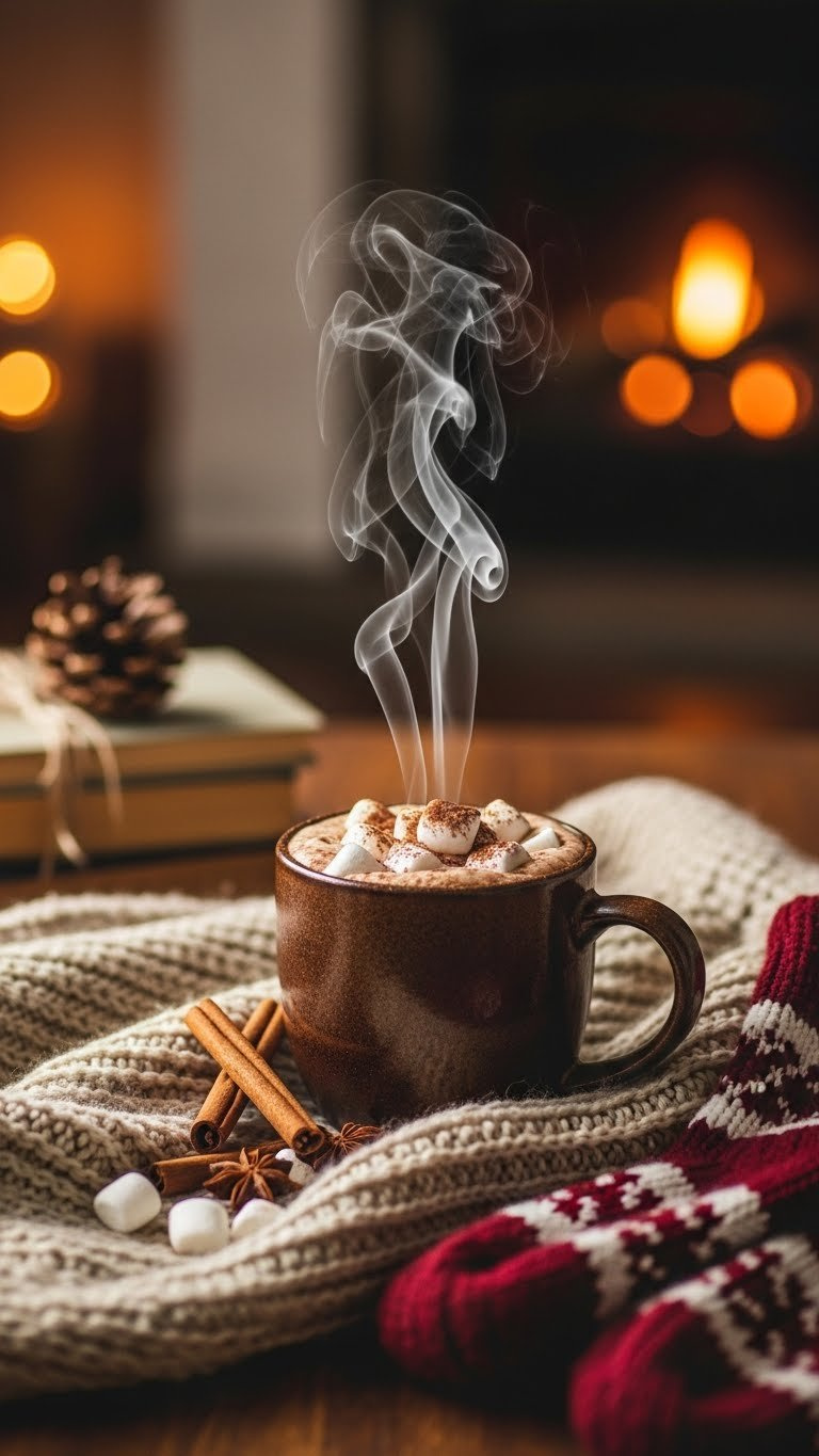 Steaming Low-Sugar Hot Cocoa In Rustic Mug With Mini Marshmallows On Cozy Knit Blanket
