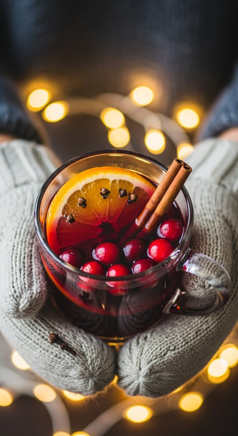 Steaming Mug Of Deep Red Mulled Cider With Orange, Cloves, Cinnamon, And Cranberries, Held By Hands In Mittens.