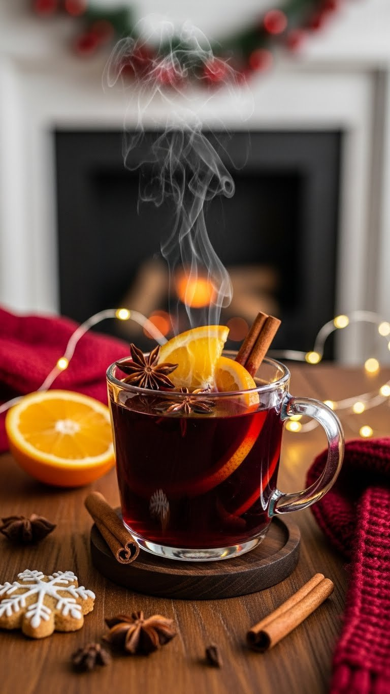 Steaming Mug Of Deep Red Mulled Wine With Orange Slices And Star Anise Garnish On Dark Wooden Coaster