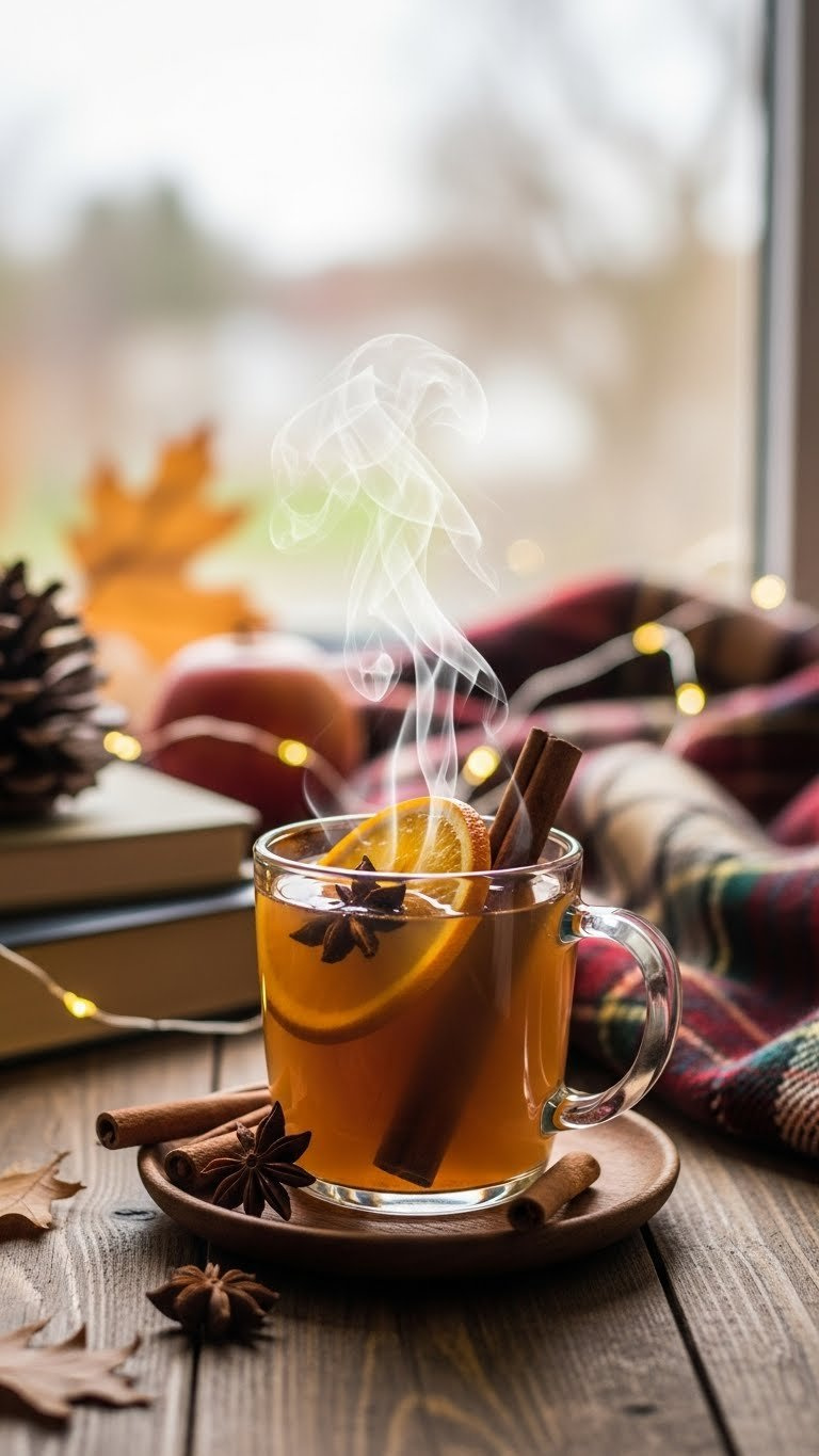 Steaming Mug Of Golden-Brown Apple Cider With Cinnamon Stick Garnish On Rustic Wooden Table