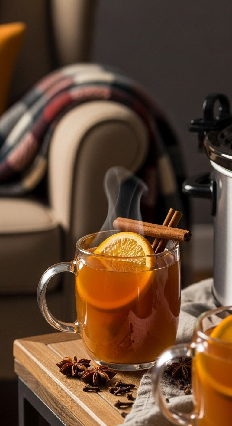 Steaming Mug Of Warm Mulled Apple Cider With Cinnamon Stick And Orange Slice, On A Cozy Wooden Table.