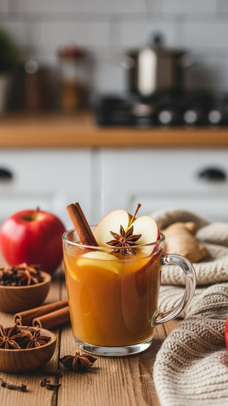 Steaming Mug Of Warm Spiced Apple Ginger Elixir With Cinnamon Stick, Star Anise, And Apple Slice Garnish On Rustic Wooden Table