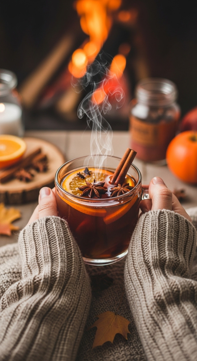 Steaming Mug Of Warm Spiced Mulled Apple Cider With Cinnamon And Orange, Held By Cozy Hands In A Knitted Sweater.