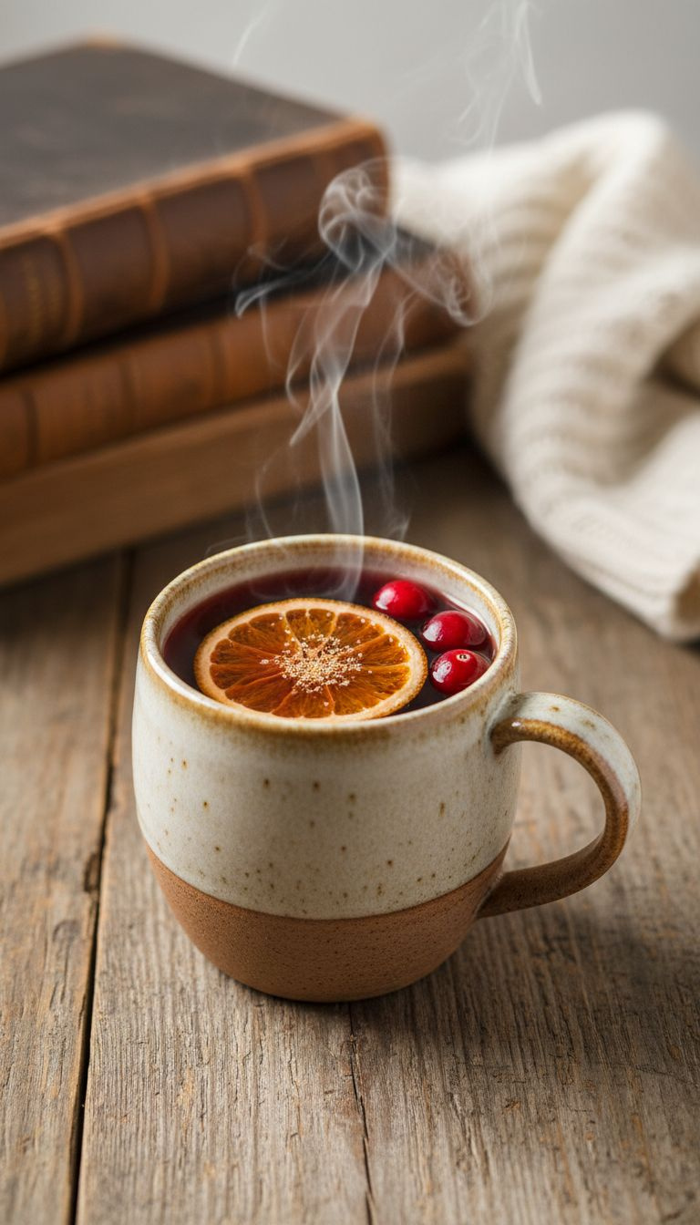 Steaming Non-Alcoholic Wassail In A Mug, Garnished With Orange, Cranberries, And Nutmeg On A Rustic Table.