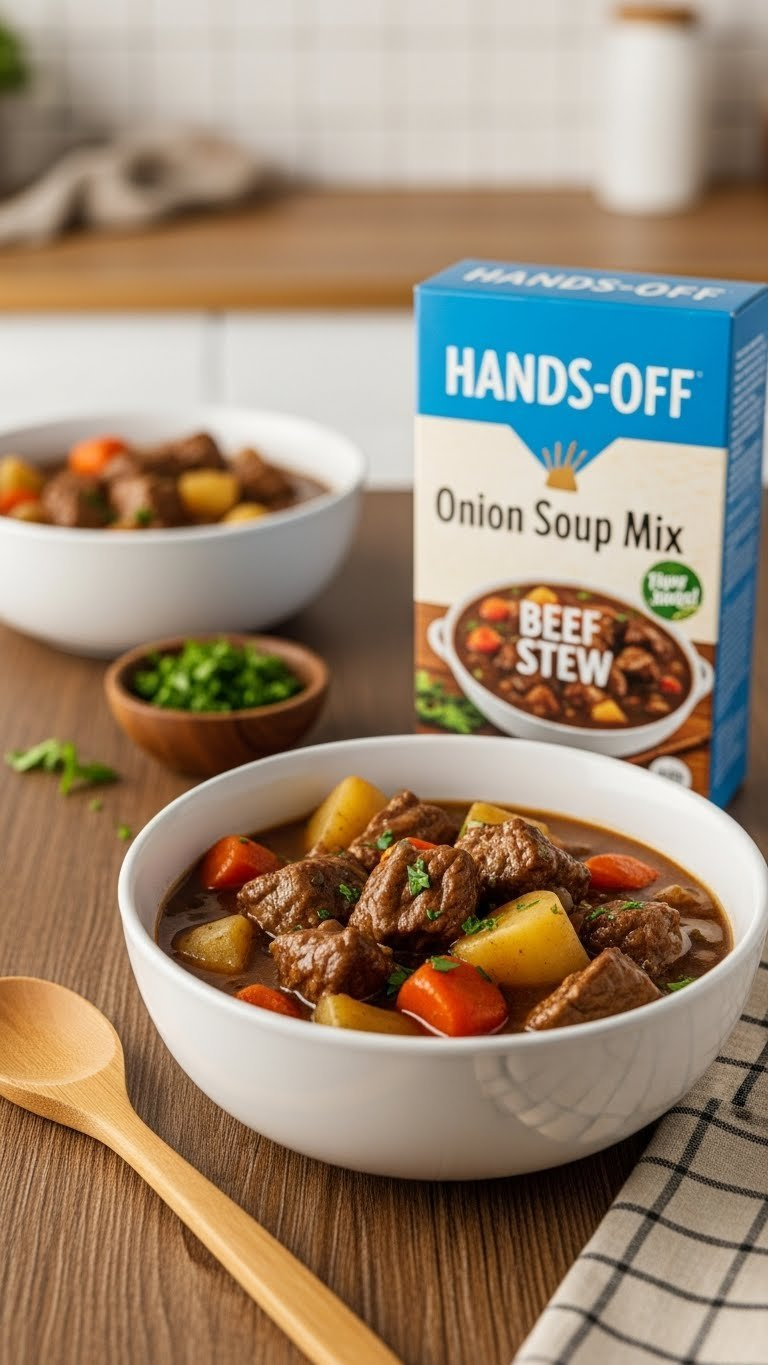 Steaming Onion Soup Mix Beef Stew With Tender Beef, Carrots, Potatoes In Savory Brown Gravy. Rustic Bowl On Wood With Spoon, Parsley, Napkin. Cozy, Hearty Meal.
