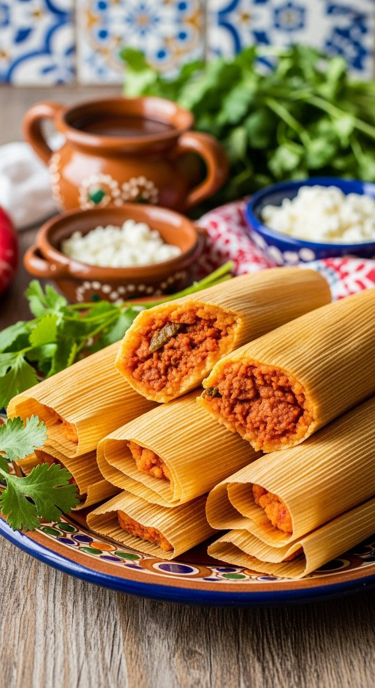 Steaming Pork Tamales Navideños, Rich Red Chili Masa, Plump Meat, Corn Husks, Cilantro, Cotija Cheese On A Talavera Platter.