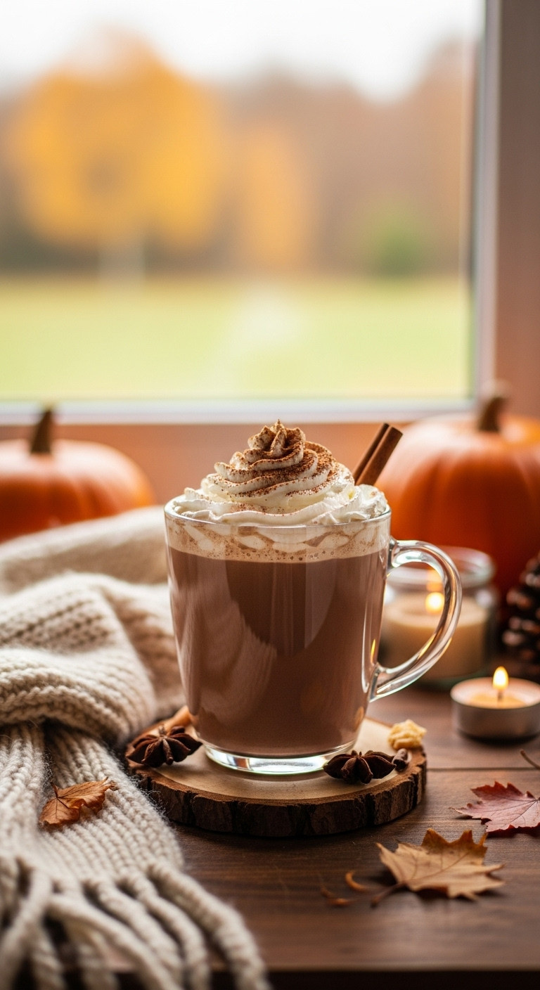 Steaming Pumpkin Spice Hot Chocolate With Whipped Cream, Cinnamon Stick, On Rustic Coaster, Autumn View.