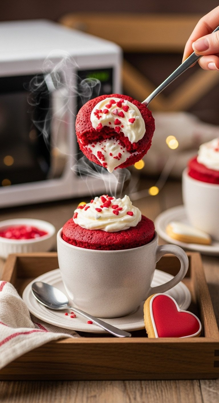 Steaming Red Velvet Mug Cake With White Cream Cheese Frosting And Heart Sprinkles, On A Wooden Tray With A Spoon.