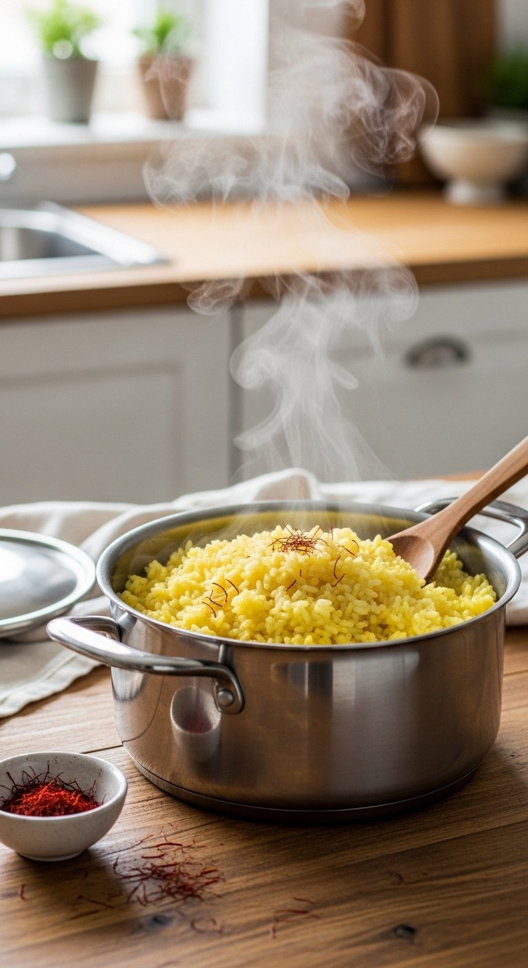 Steaming Saffron Arborio Rice Simmers In A Stainless Steel Pot On A Rustic Wooden Kitchen Counter.