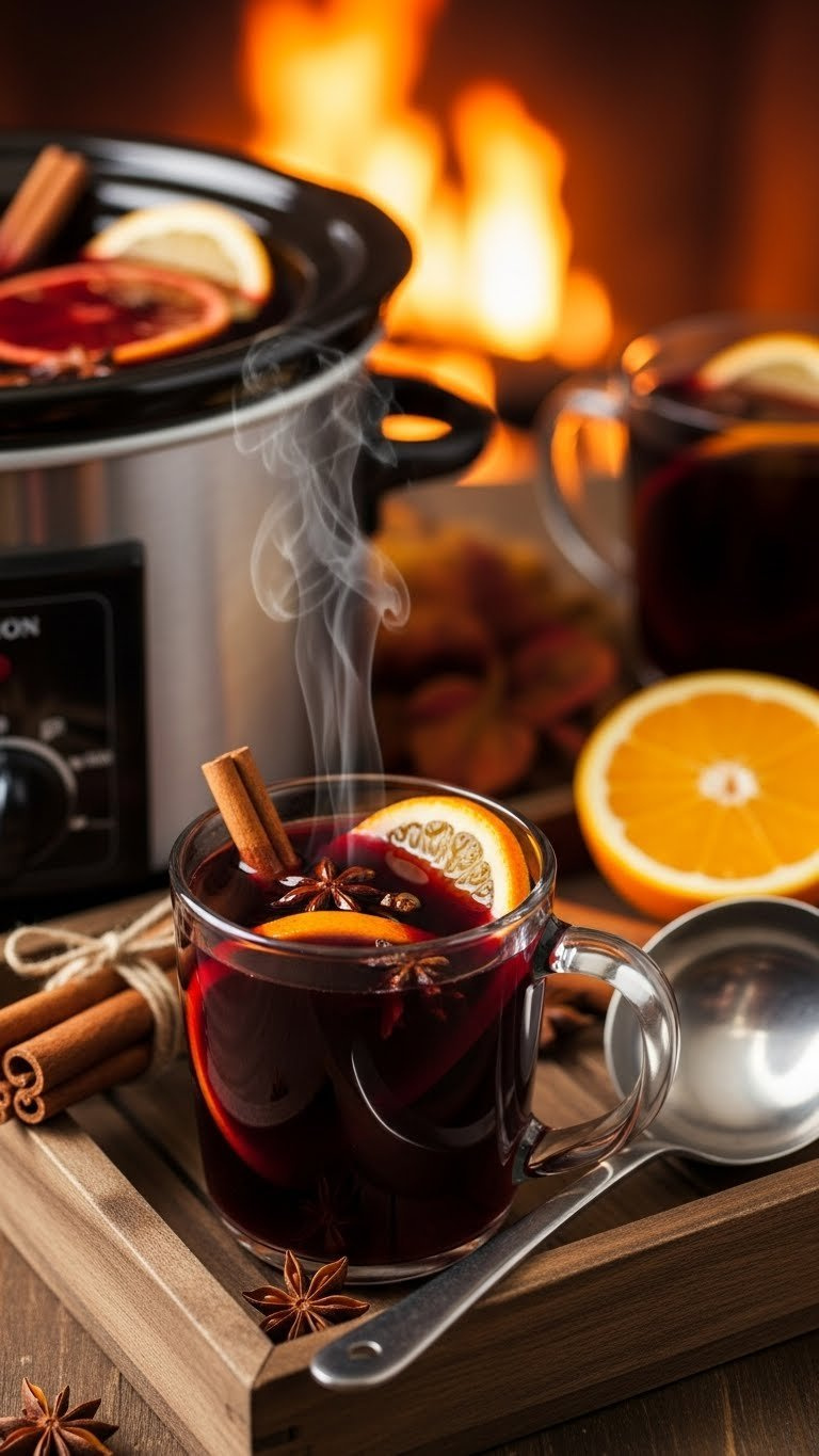 Steaming Slow Cooker Mulled Wine In Rustic Ceramic Mug With Spices And Fruit