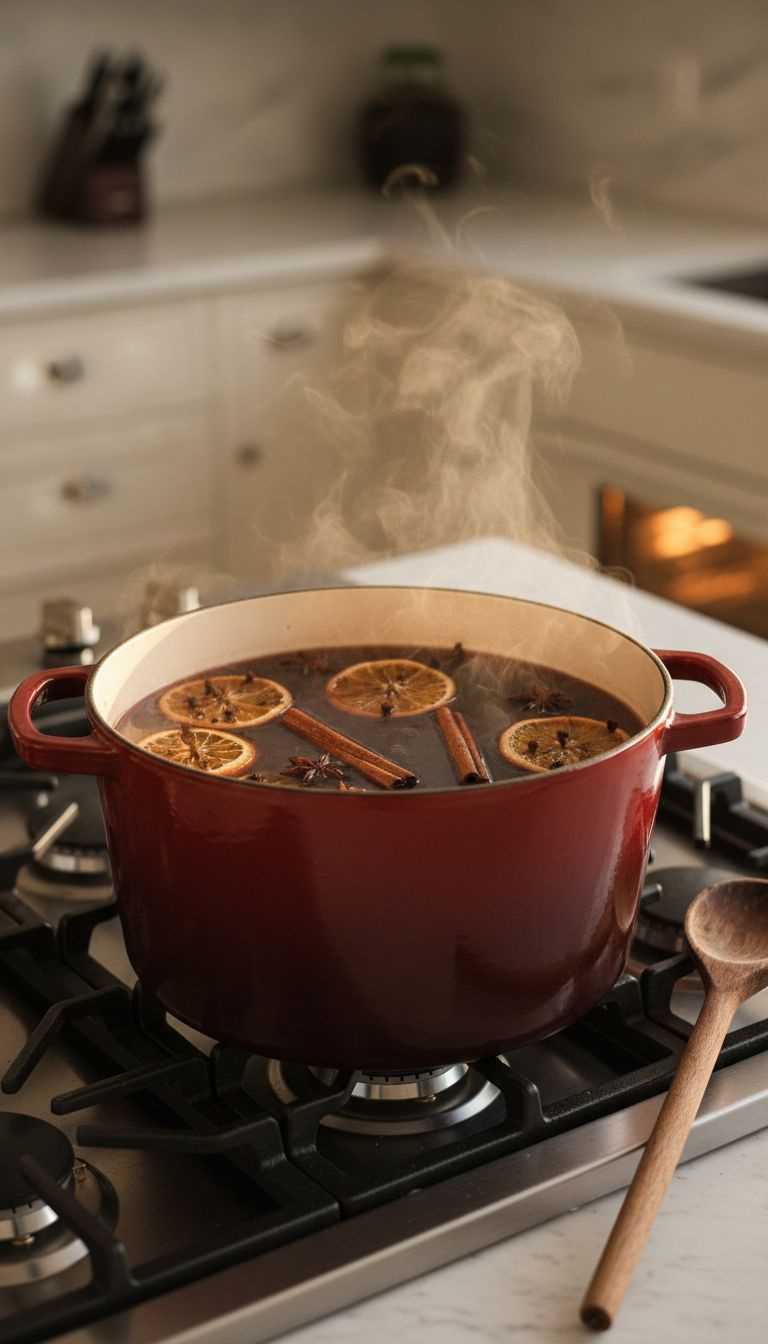 Steaming Spiced Wassail Simmers In A Stockpot On A Gas Stovetop, Garnished With Cinnamon Sticks And Orange Slices.