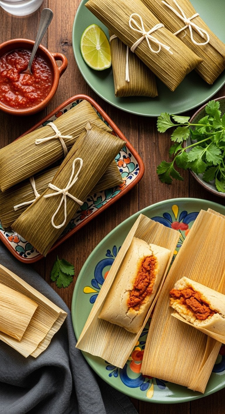 Steaming Tamales, Some In Corn Husks, One Unwrapped Revealing Masa And Savory Chili Pork Filling. Served With Salsa, Lime, Cilantro.