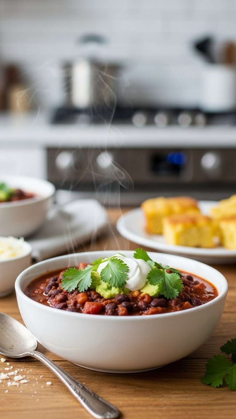 Steaming Vegan Black Bean Chili Topped With Fresh Cilantro And Creamy Vegan Sour Cream On A Rustic Wooden Table In Warm Golden Light, With A Blurred Kitchen Background.
