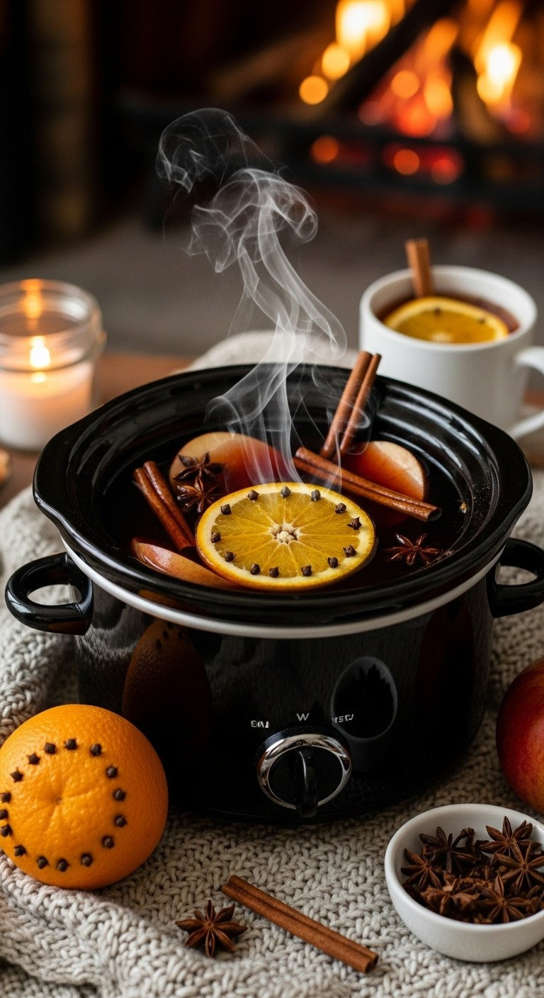 Steaming Warm Apple Punch In A Slow Cooker With Clove-Studded Orange, Cinnamon Sticks On A Knit Blanket By Fire.