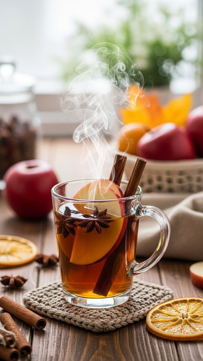 Steaming Warm Spiced Apple Cider In Glass Mug With Cinnamon Sticks And Apple Slices Garnish.
