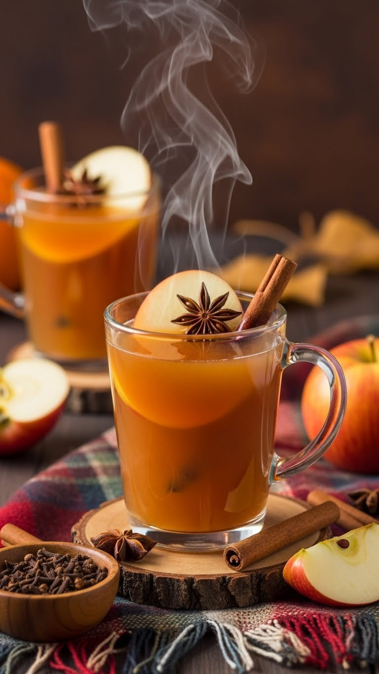 Steaming Warm Spiced Apple Cider Spritzer With Cinnamon Stick And Apple Slice In Heat-Resistant Mug