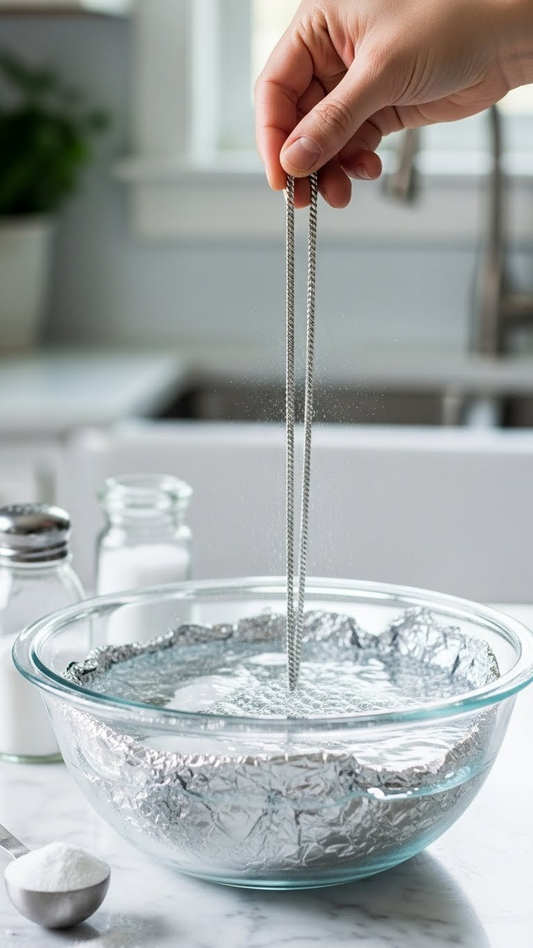 Sterling Silver Bracelet Being Lowered Into Baking Soda And Salt Electrolytic Reduction Solution In Glass Bowl On Marble Countertop