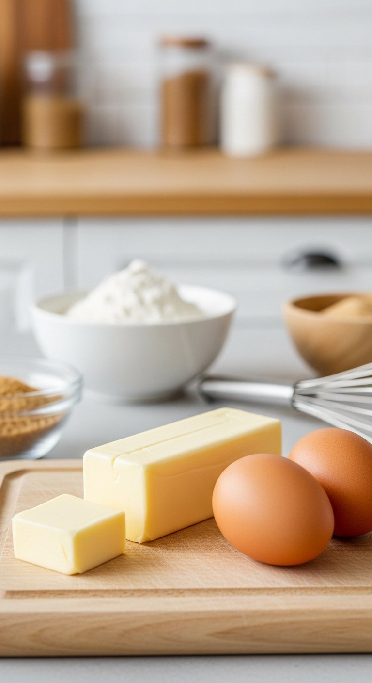Stick Of Softened Unsalted Butter And Two Brown Eggs Resting On A Light Wooden Cutting Board For Baking.