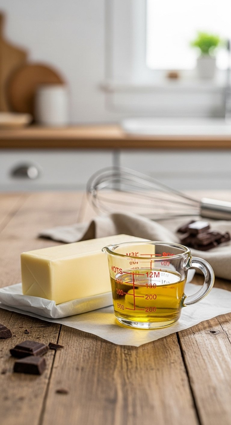 Stick Of Unsalted Butter And Golden Vegetable Oil Side By Side On A Rustic Wooden Table.