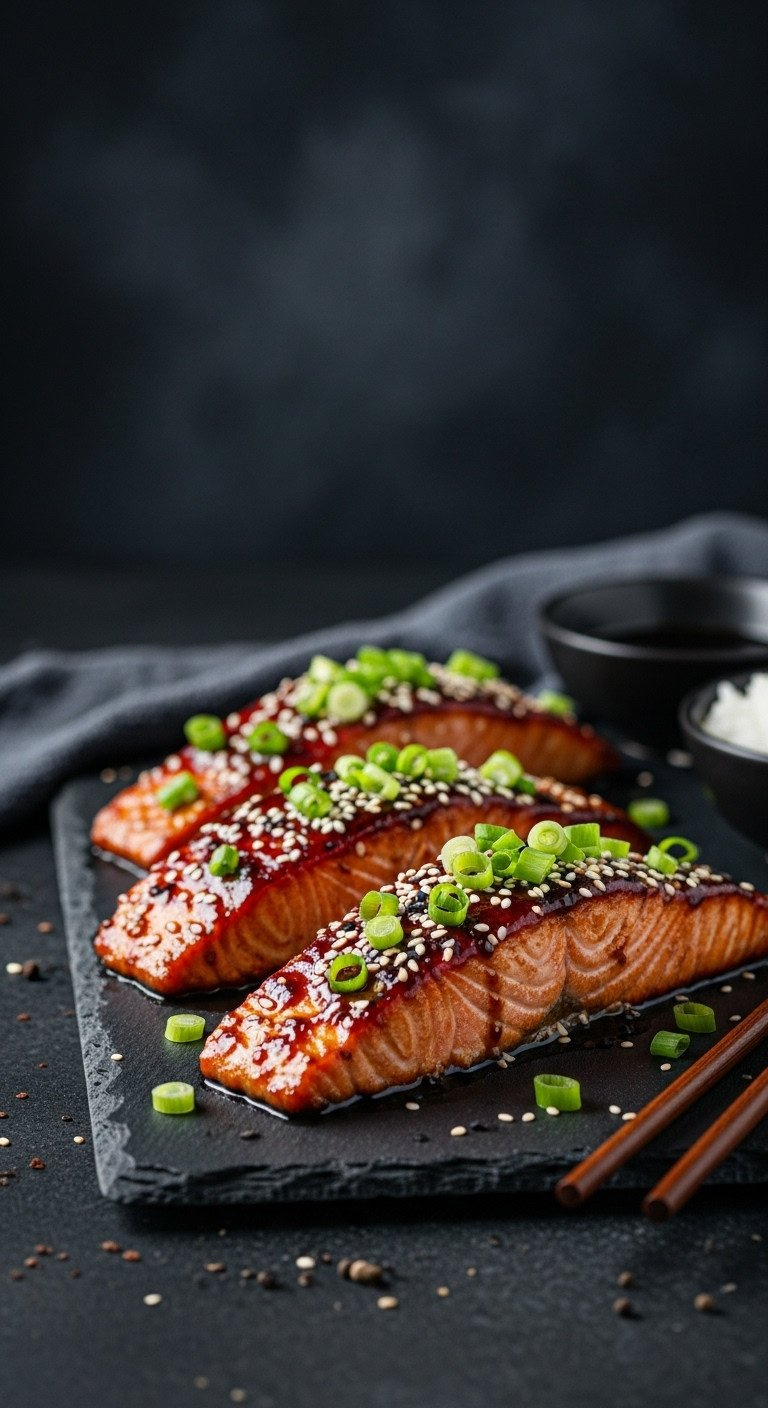 Sticky Ginger-Soy Glazed Salmon Fillets With Bright Scallions And Sesame Seeds On A Dark Serving Tray.