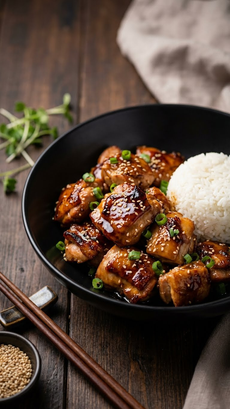 Sticky Instant Pot Teriyaki Chicken With Caramelized Edges And Dark Glaze, Served With Rice, Sesame Seeds, And Green Onions.